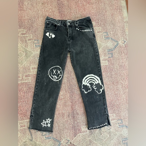 Sincerly Jules Pants - Sincerely Jules size 26 embellished black straight leg jeans bleach graffiti